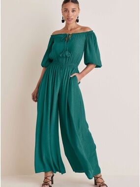 VENUS Teal Green Off-Shoulder Wide-Leg Jumpsuit
